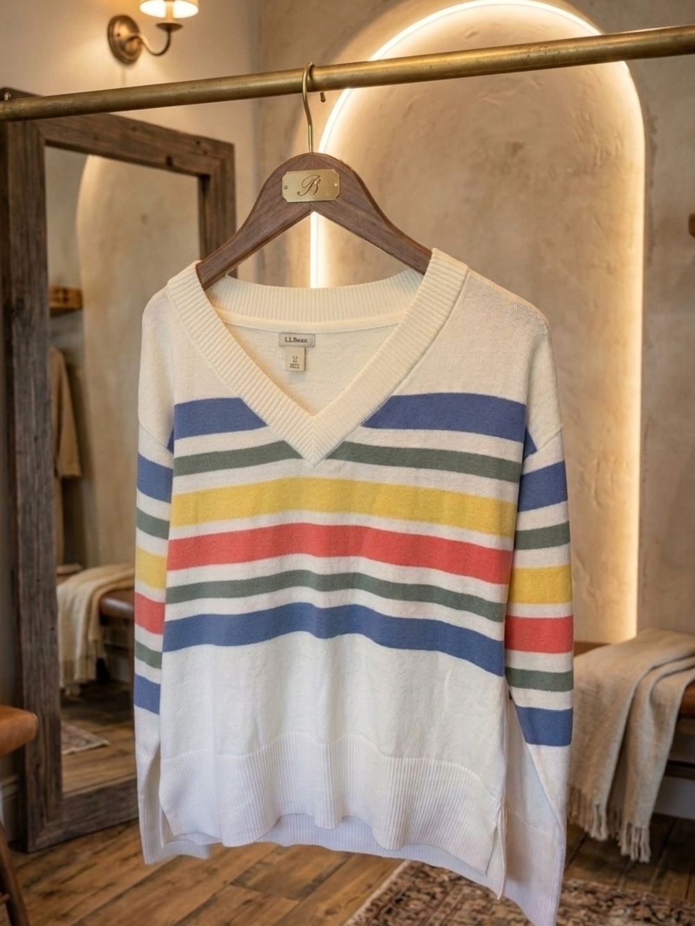 80s Nostalgia! L.L. Bean Retro Striped V-Neck Sweater XS EUC